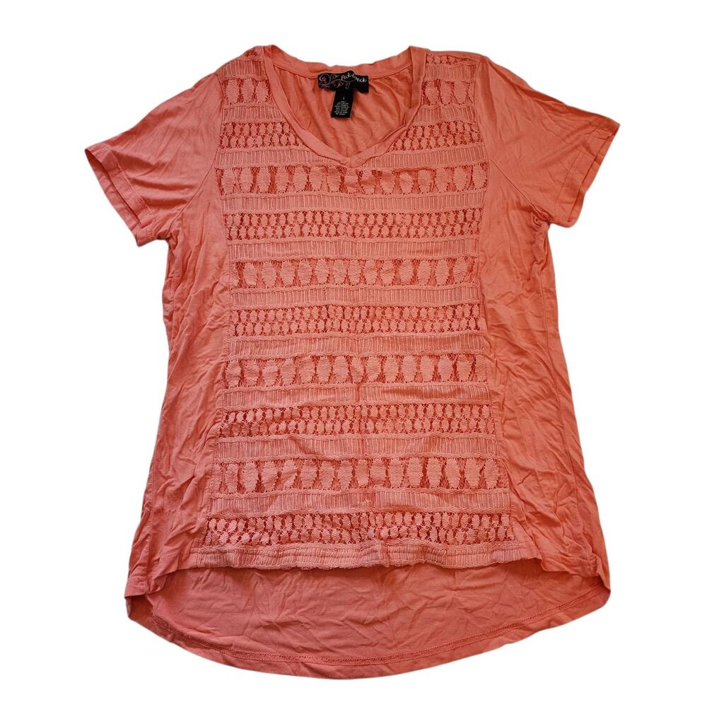 Peck & Peck Womens Pullover High-Low Tee Size L Orange Short Sleeve Lace Top